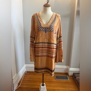 Free People Mustard Tunic Dress with Navy and Rust Accents